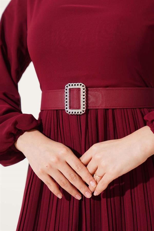 Pleated Ruffle Belted Chiffon Dress Burgundy