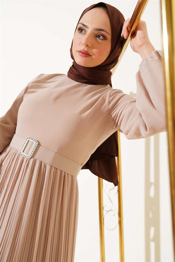 Pleated Ruffle Belted Chiffon Dress Beige