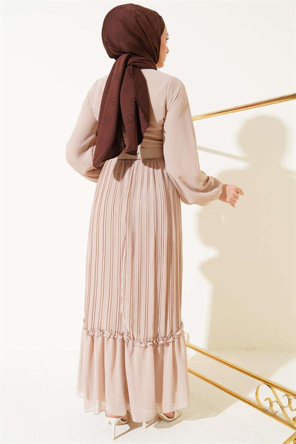 Pleated Ruffle Belted Chiffon Dress Beige