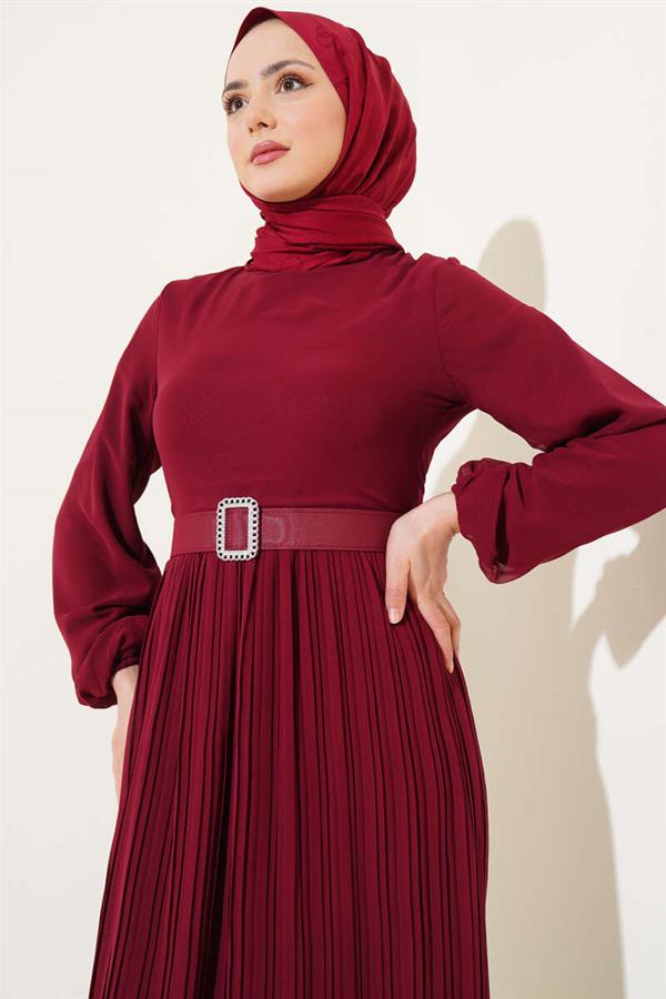 Pleated Ruffle Belted Chiffon Dress Burgundy