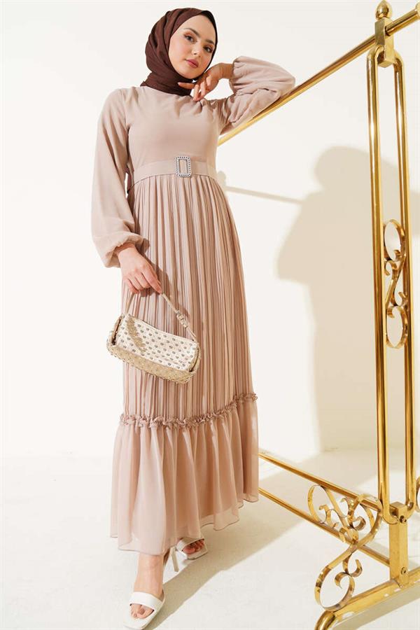 Pleated Ruffle Belted Chiffon Dress Beige