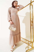 Pleated Ruffle Belted Chiffon Dress Beige