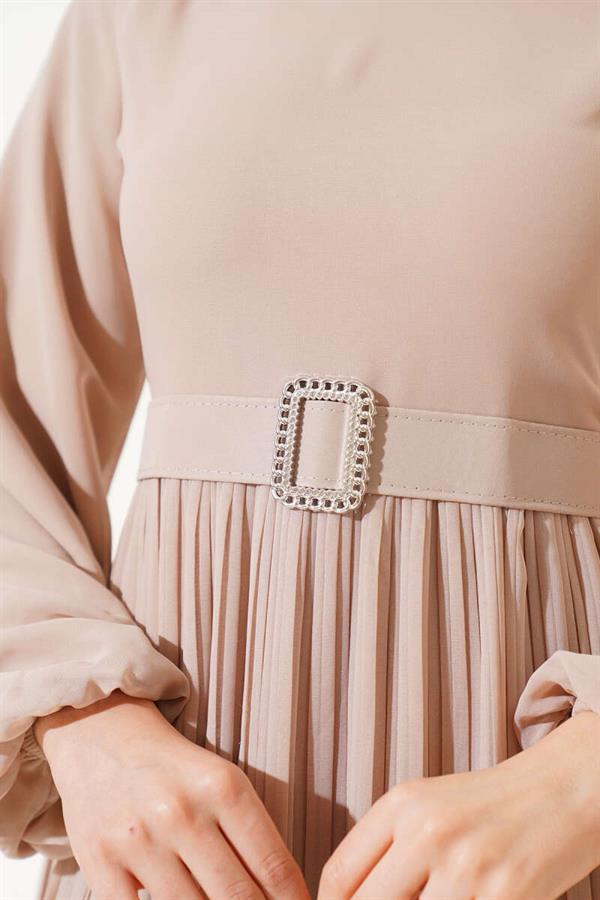Pleated Ruffle Belted Chiffon Dress Beige