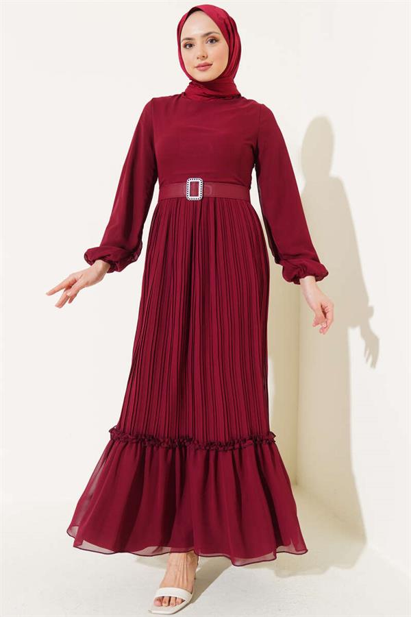 Pleated Ruffle Belted Chiffon Dress Burgundy