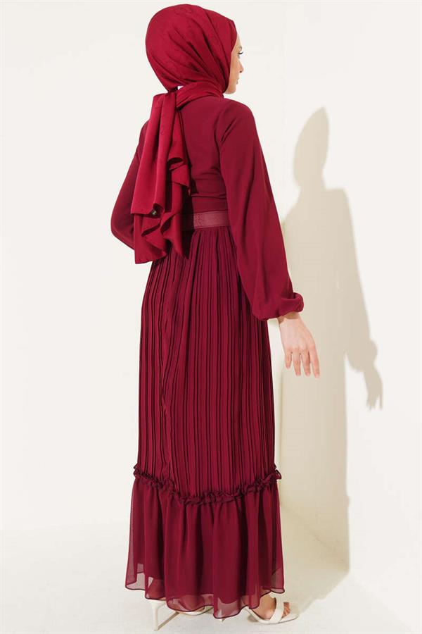 Pleated Ruffle Belted Chiffon Dress Burgundy