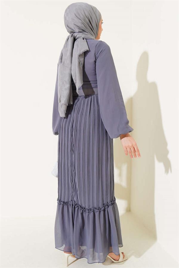 Pleated Ruffle Belted Chiffon Dress Gray