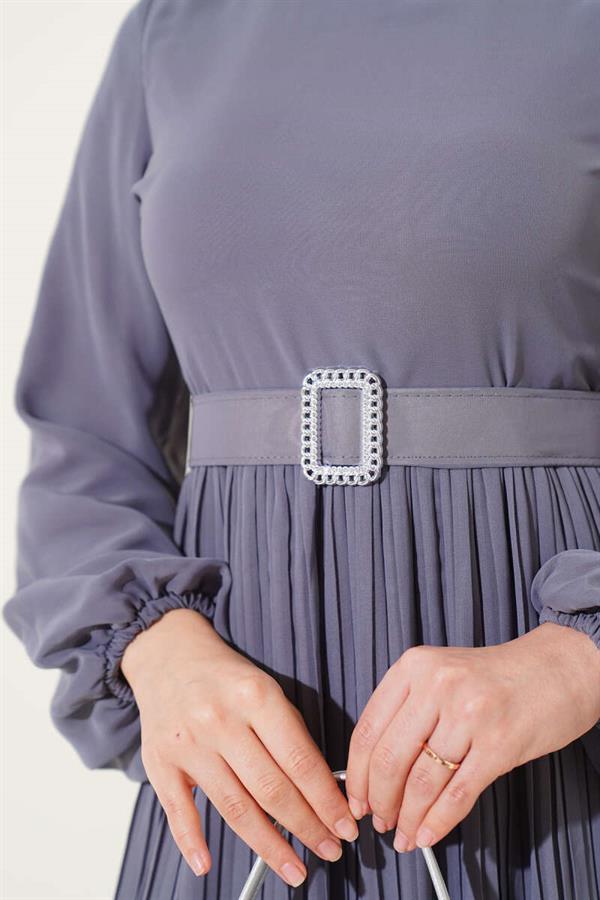 Pleated Ruffle Belted Chiffon Dress Gray