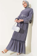 Pleated Ruffle Belted Chiffon Dress Gray