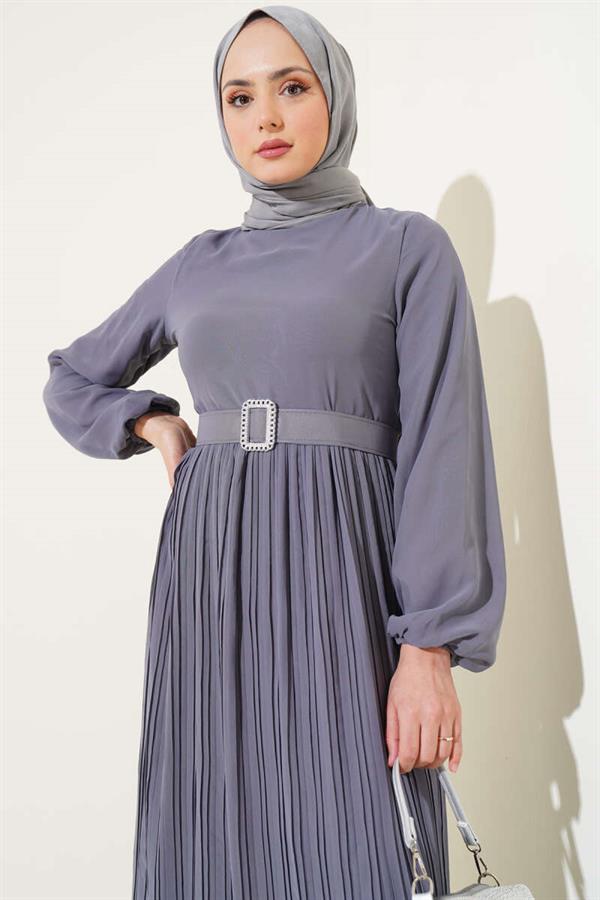 Pleated Ruffle Belted Chiffon Dress Gray