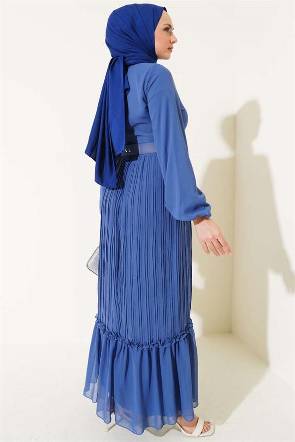 Pleated Ruffle Belted Chiffon Dress Indigo