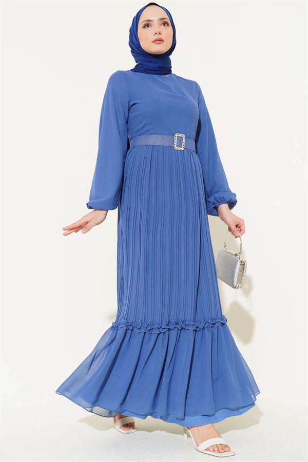 Pleated Ruffle Belted Chiffon Dress Indigo