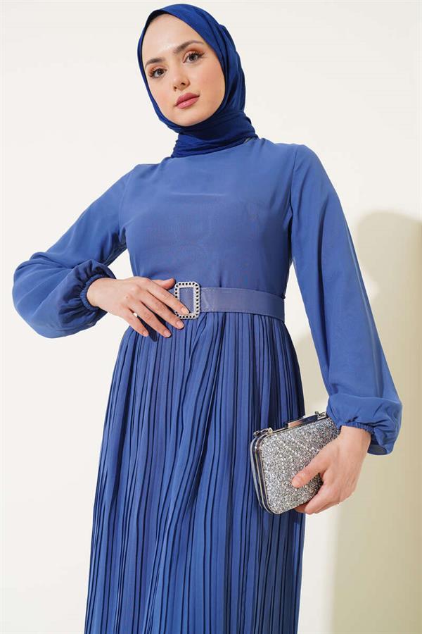 Pleated Ruffle Belted Chiffon Dress Indigo
