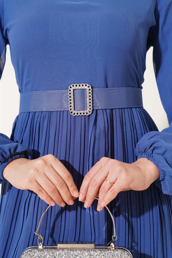 Pleated Ruffle Belted Chiffon Dress Indigo