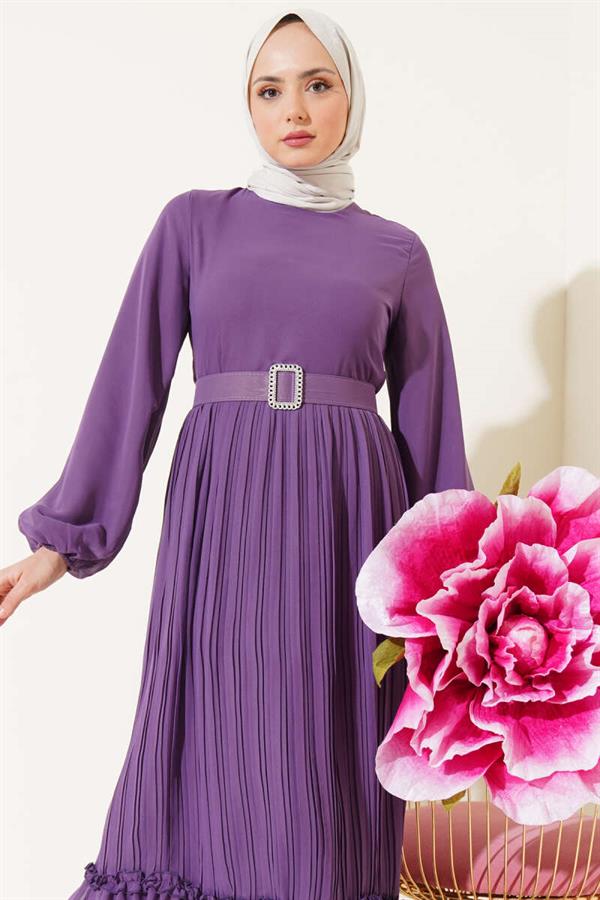 Pleated Ruffle Belted Chiffon Dress Lilac