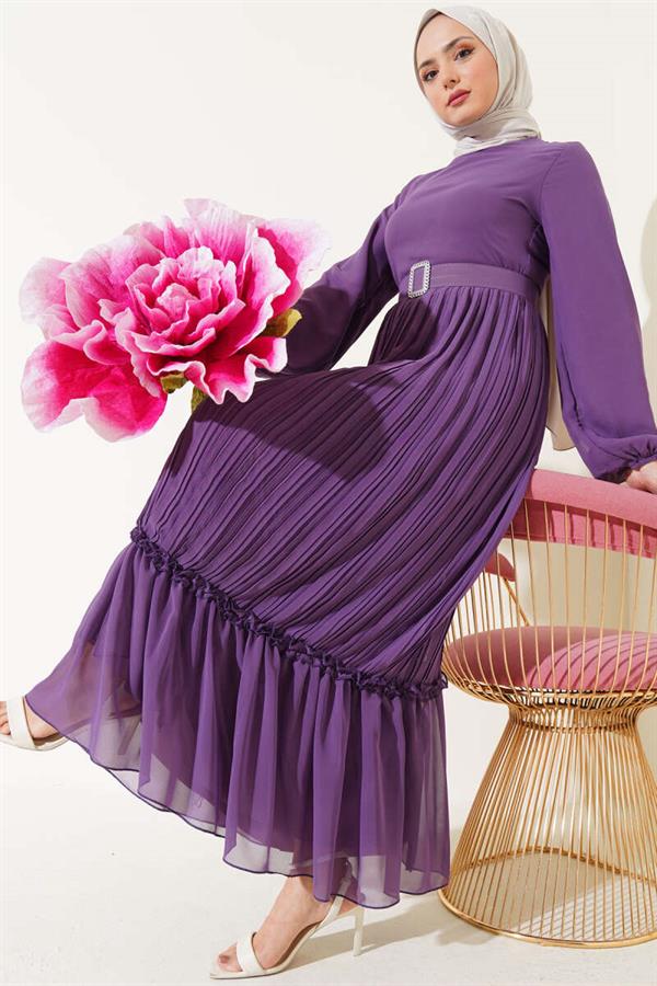 Pleated Ruffle Belted Chiffon Dress Lilac