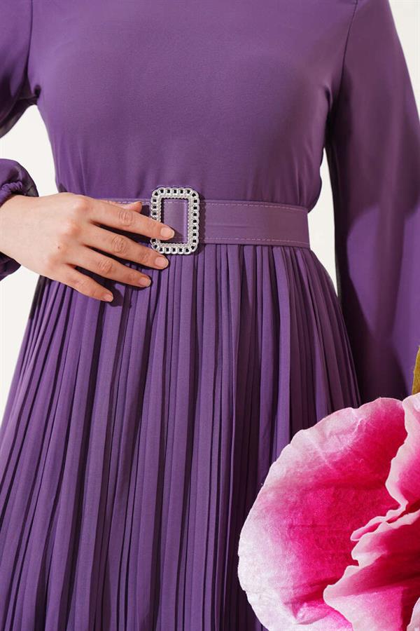 Pleated Ruffle Belted Chiffon Dress Lilac