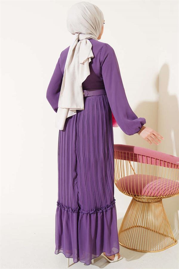 Pleated Ruffle Belted Chiffon Dress Lilac