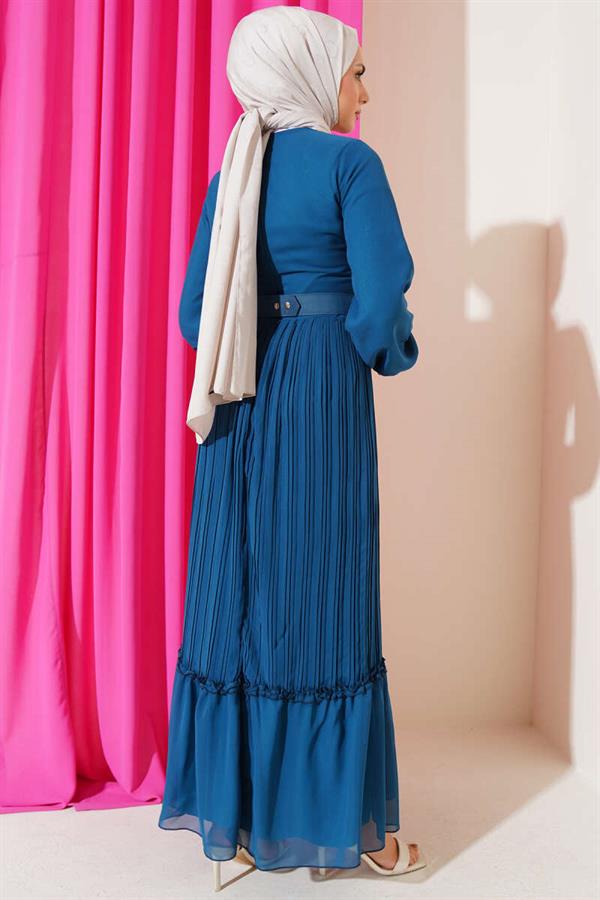 Pleated Ruffle Belted Chiffon Dress Petrol