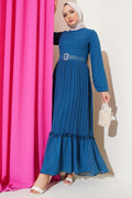 Pleated Ruffle Belted Chiffon Dress Petrol