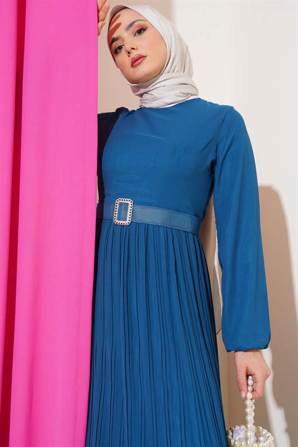 Pleated Ruffle Belted Chiffon Dress Petrol