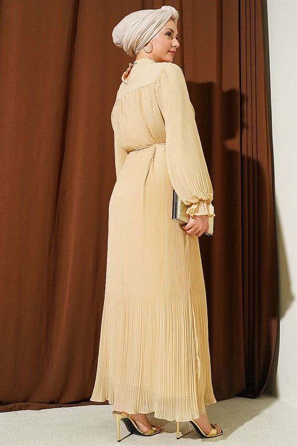 Pleated Lace-up Evening Dress, Beige