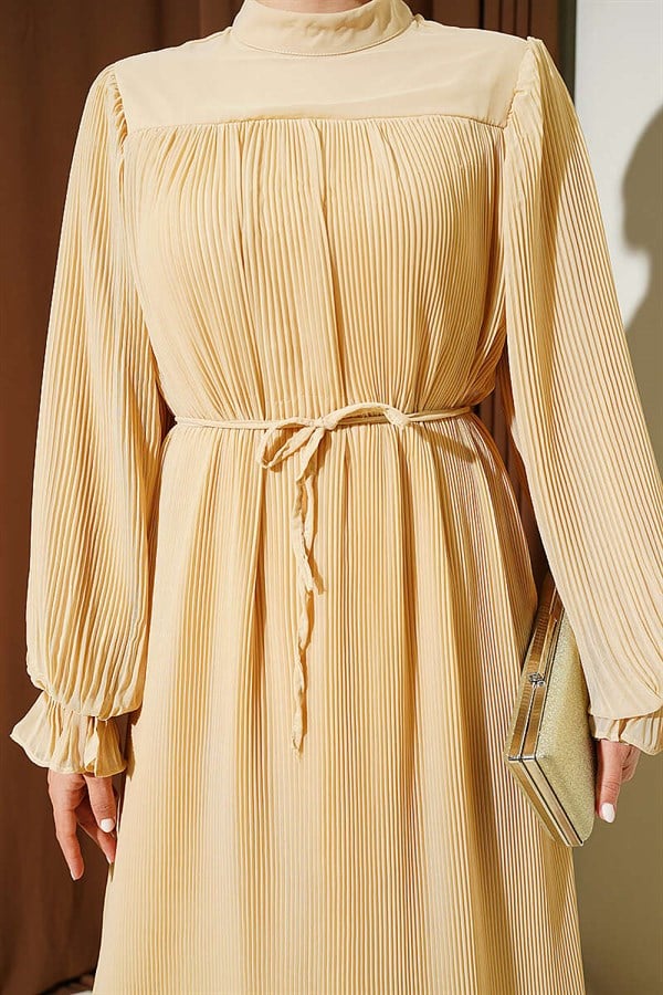 Pleated Lace-up Evening Dress, Beige