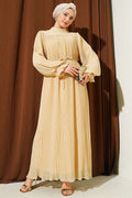 Pleated Lace-up Evening Dress, Beige