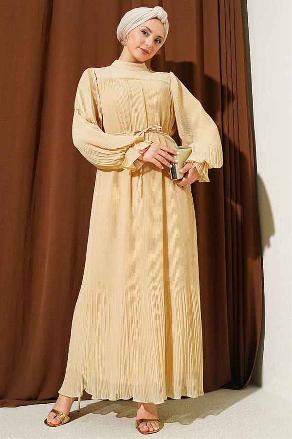 Pleated Lace-up Evening Dress, Beige