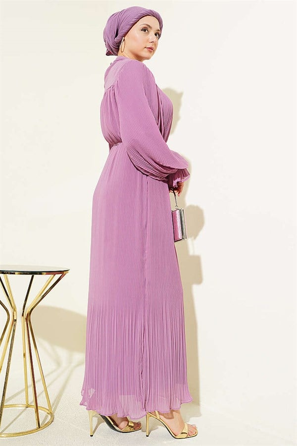 Pleated Lace-up Evening Dress in Lilac