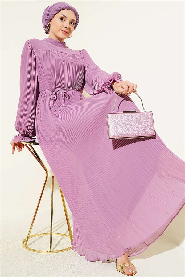Pleated Lace-up Evening Dress in Lilac
