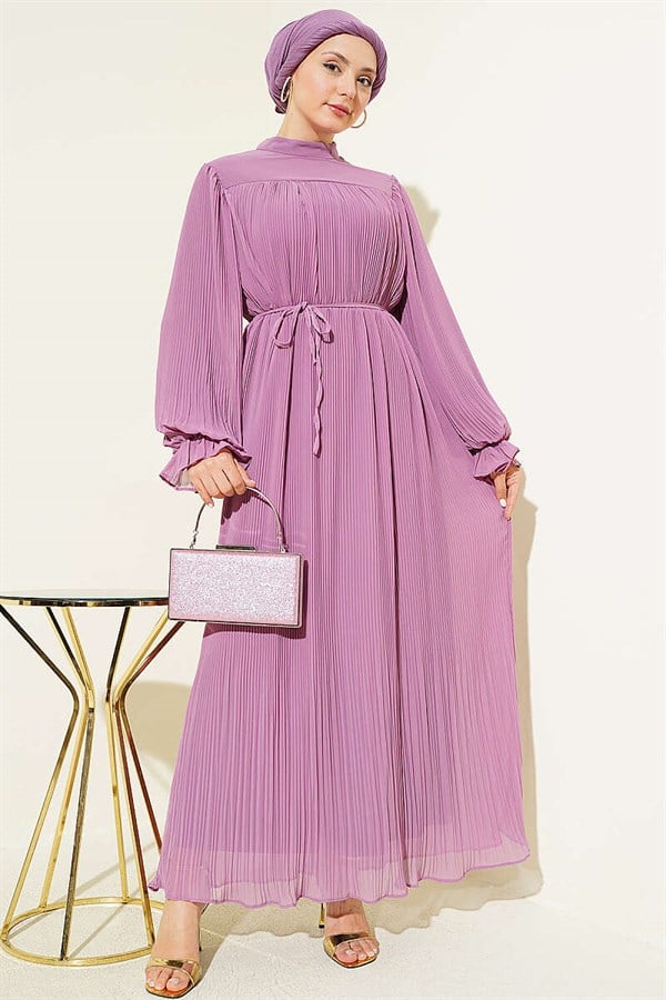 Pleated Lace-up Evening Dress in Lilac