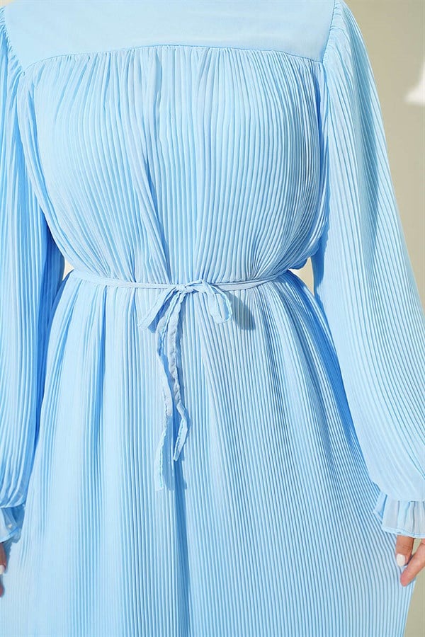 Pleated Lace-up Evening Dress, Blue