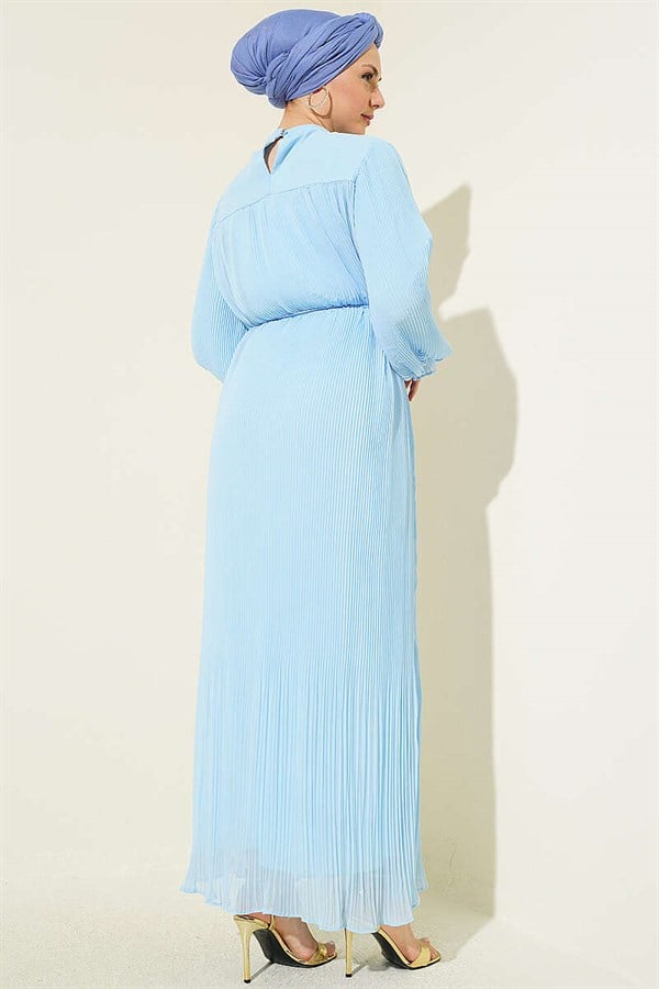 Pleated Lace-up Evening Dress, Blue