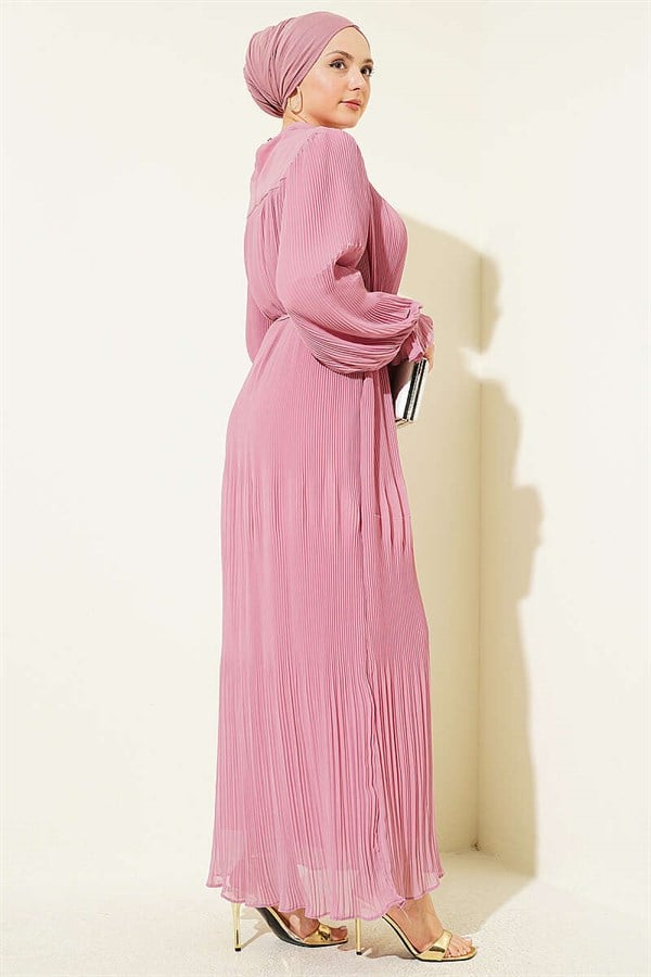 Pleated Lace-up Evening Dress in Powder Pink