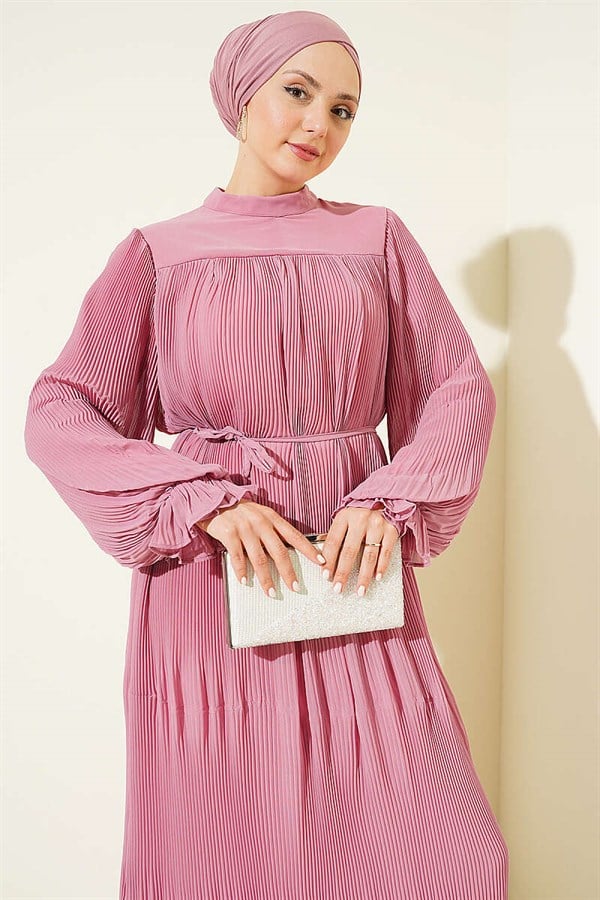 Pleated Lace-up Evening Dress in Powder Pink