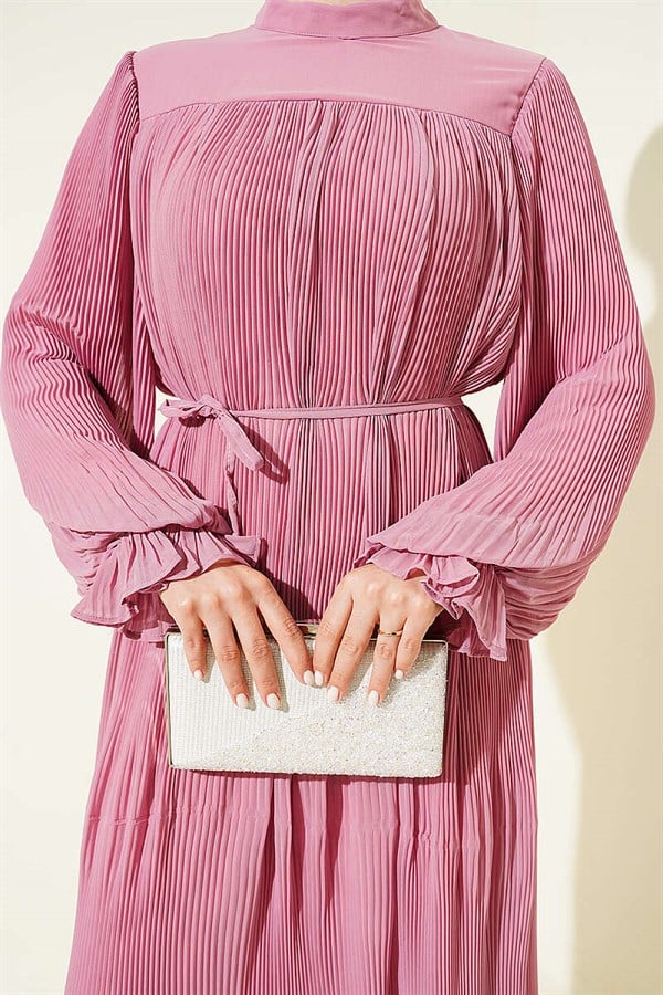 Pleated Lace-up Evening Dress in Powder Pink