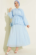 2 Piece Set with Pleated Drawstring Skirt, Baby Blue