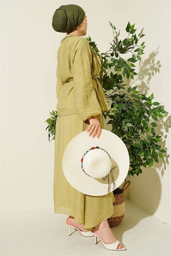 Pleated Lace-Up Skirt 2 Piece Set in Olive Green