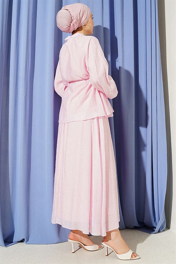 2 Piece Set with pleated, tie-tie skirt in pink.
