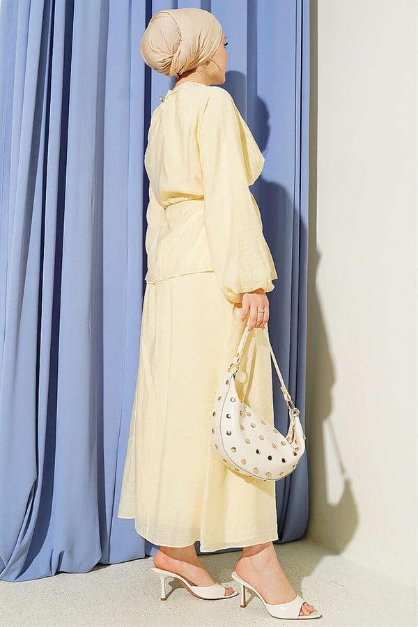 2 Piece Set with pleated, tie-tie skirt in yellow.