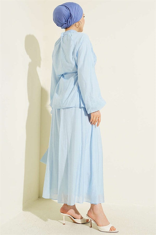 2 Piece Set with Pleated Drawstring Skirt, Baby Blue