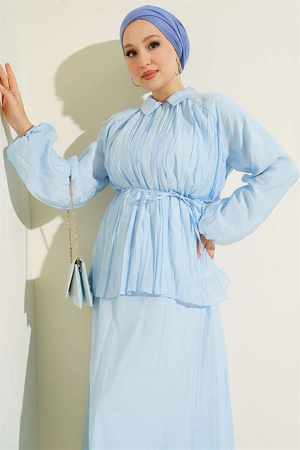 2 Piece Set with Pleated Drawstring Skirt, Baby Blue