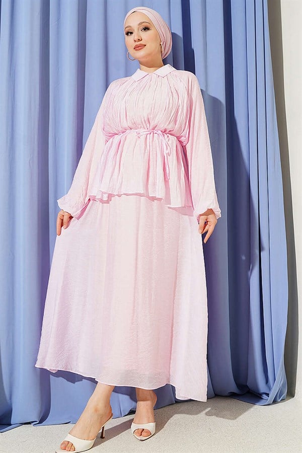 2 Piece Set with pleated, tie-tie skirt in pink.