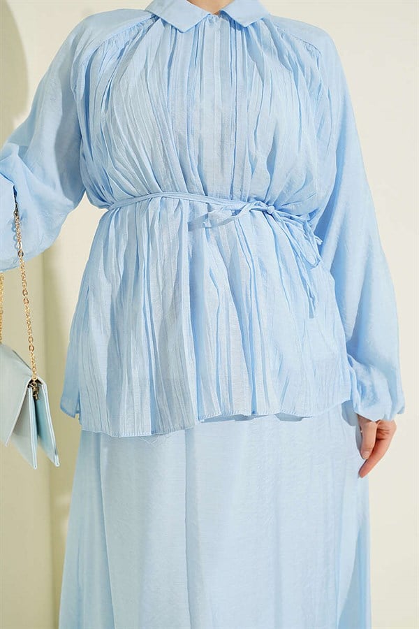 2 Piece Set with Pleated Drawstring Skirt, Baby Blue