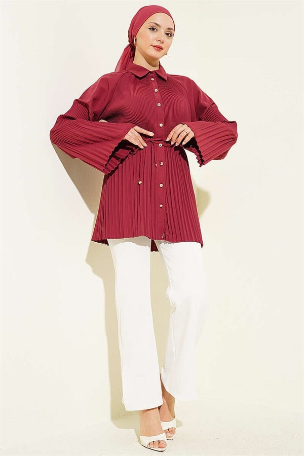Pleated Shirt with Drawstring, Burgundy