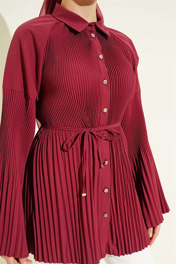 Pleated Shirt with Drawstring, Burgundy