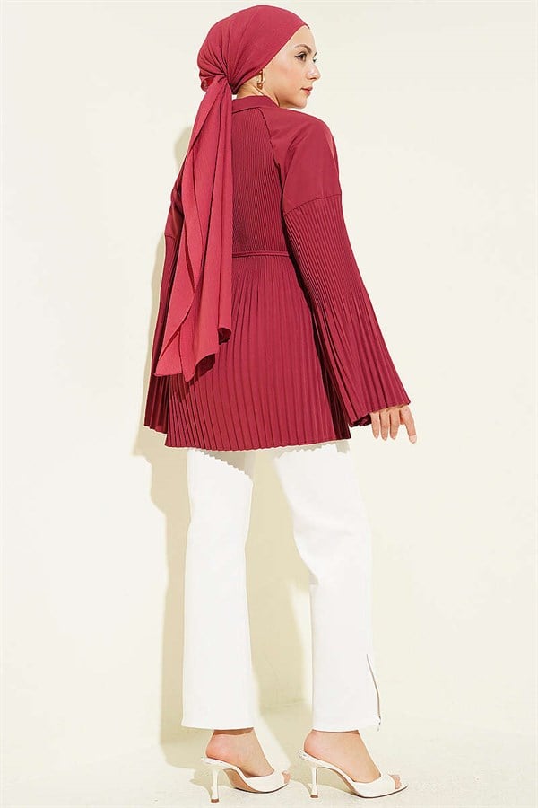 Pleated Shirt with Drawstring, Burgundy