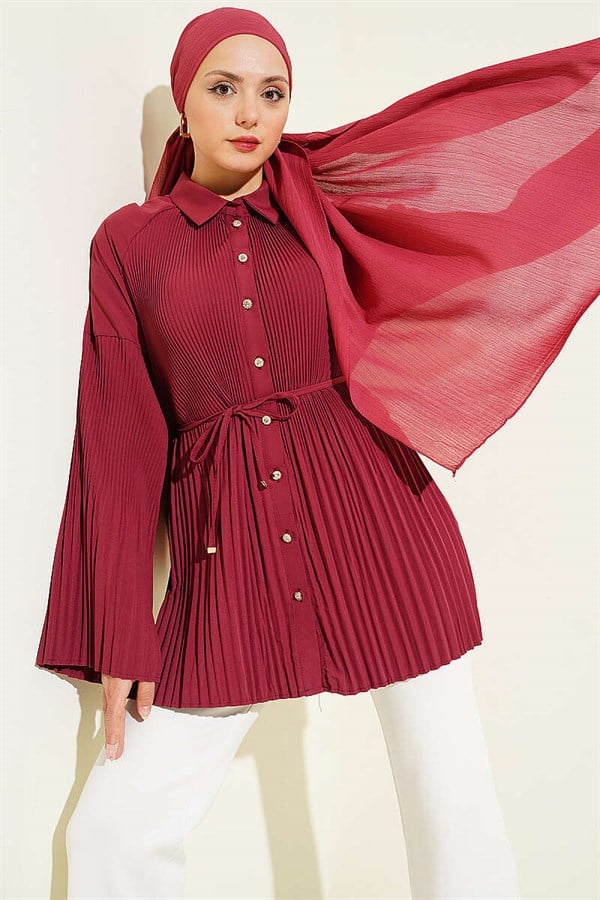 Pleated Shirt with Drawstring, Burgundy