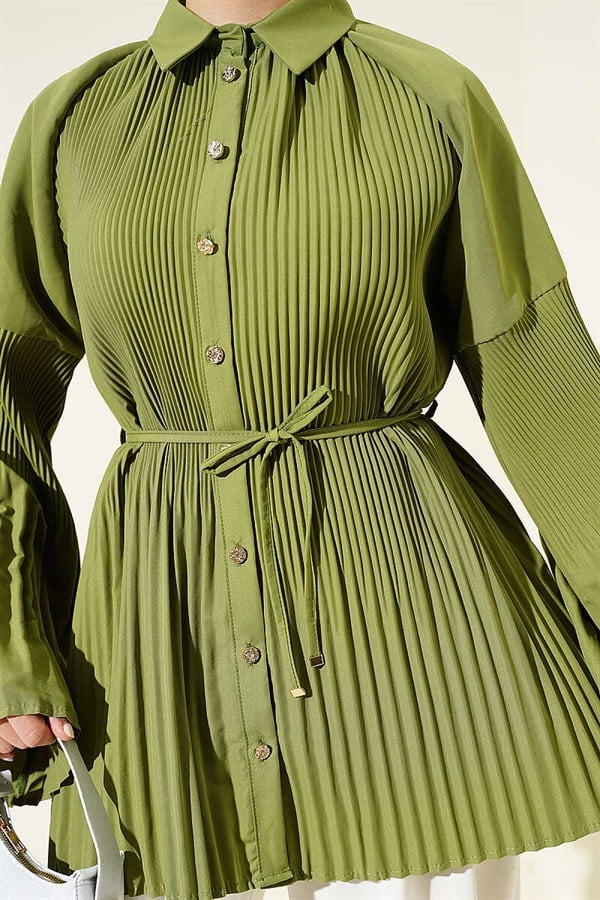 Pleated Shirt with Drawstring, Light Green