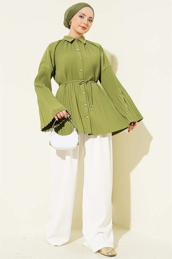 Pleated Shirt with Drawstring, Light Green